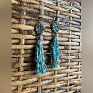 Turquoise and brown fringe dangle earrings